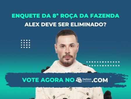 Imagem em fundo azul escuro. No topo, escrito de verde água "Enquete da 8ª Roça A Fazenda". Abaixo, de branco, escrito "Alex deve ser eliminado". No centro, foto de Alex Gallete. Abaixo, escrito de verde e branco "vote agora no fashionbubbles.com" em fundo azul escuro. Do lado de Alex, figuras de pontos brancas.