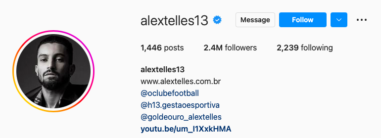 Perfil do jogador Alex Telles no Instagram