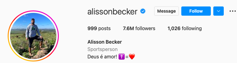 Perfil do jogador Alisson no Instagram

