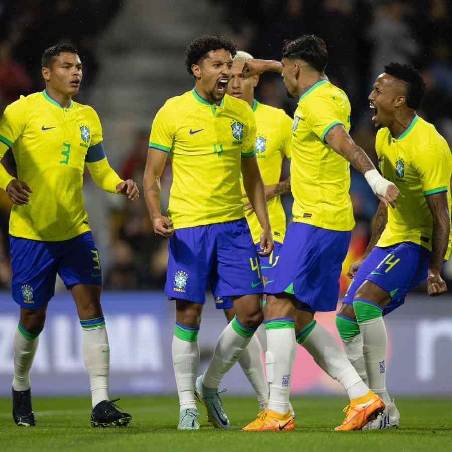 Imagem de Marquinhos jogando pela seleção brasileira em 23 de setembro de 2022.