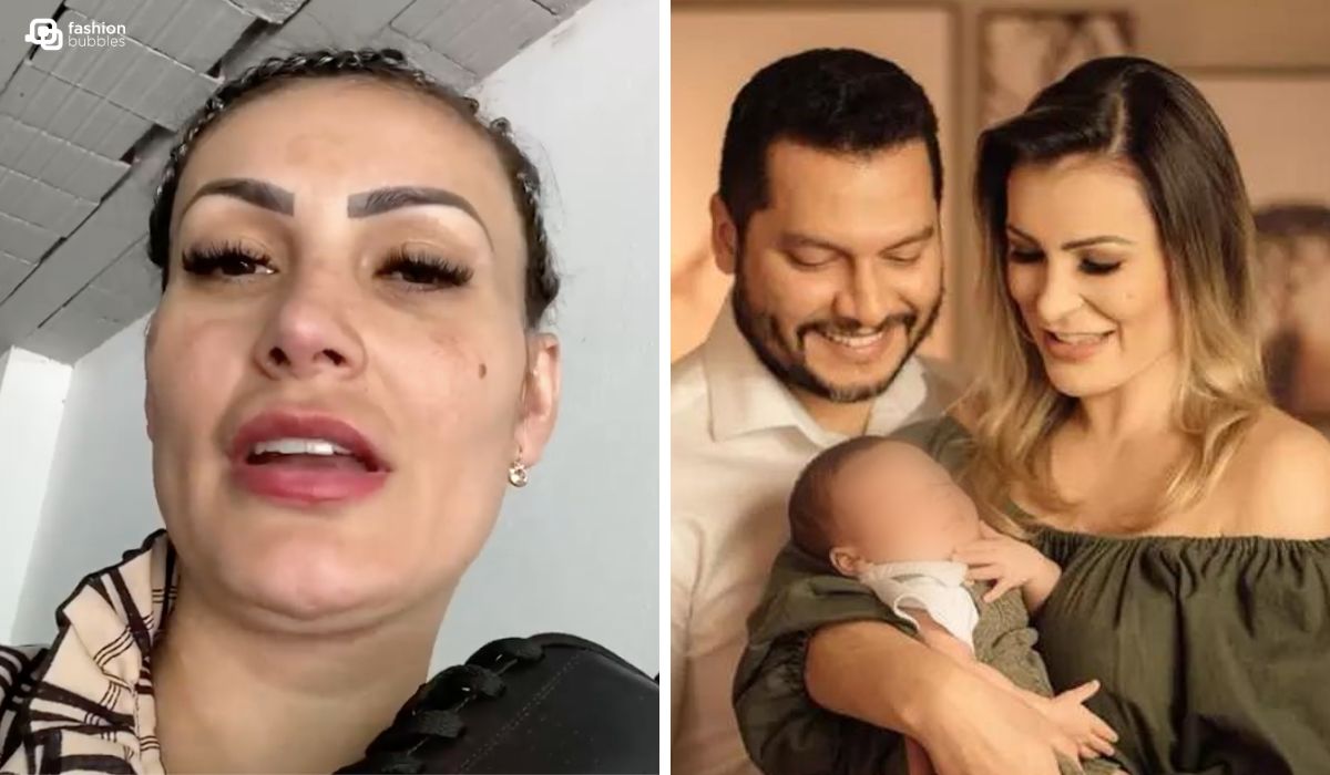 Montagem com fotos de Andressa Urach e Thiago Lopes com o filho, Leon