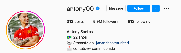 Perfil do jogador Antony no Instagram
