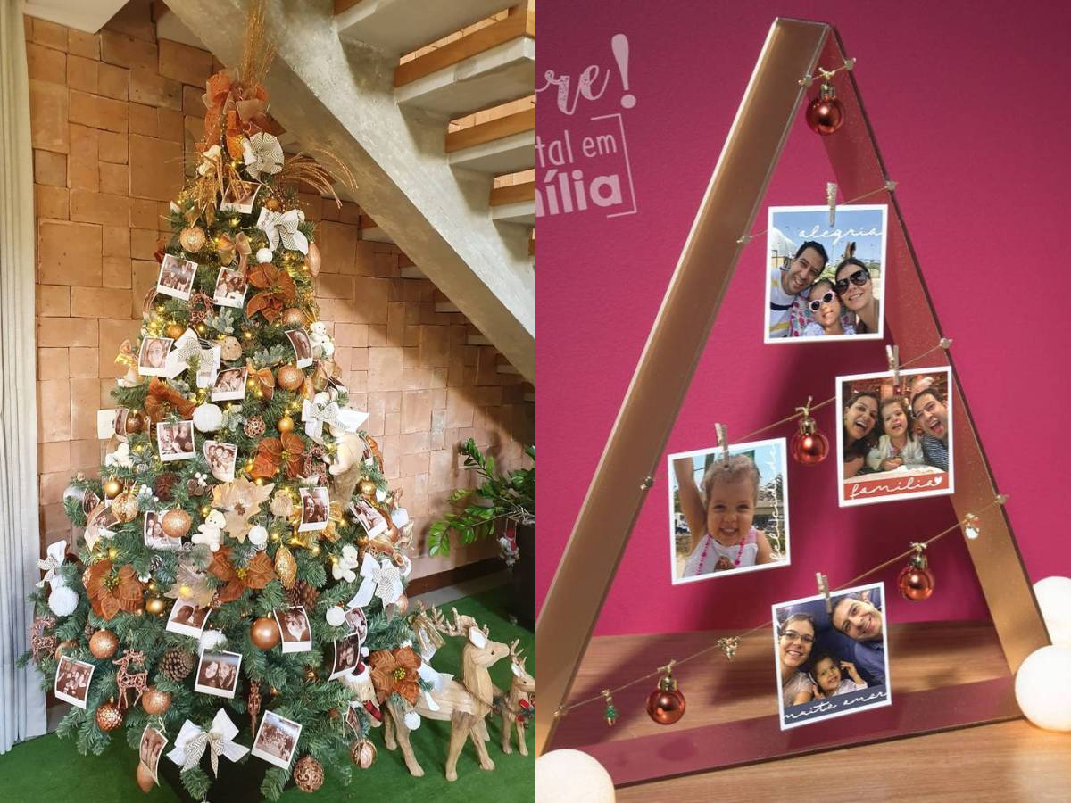 Dois modelos de árvore de Natal com fotos.