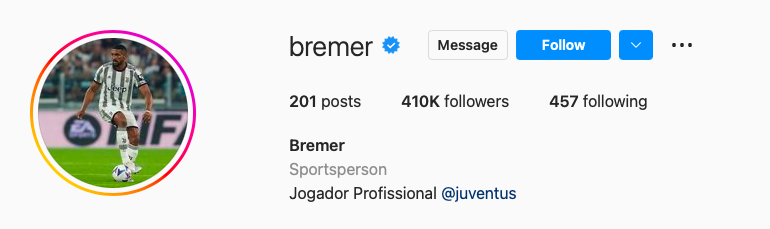 Perfil do jogador Bremer no Instagram