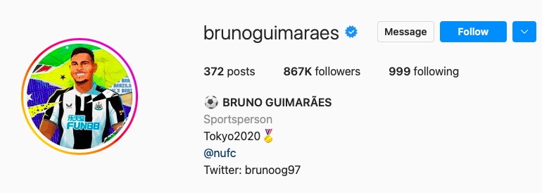 Perfil do jogador Bruno Guimarães no Instagram