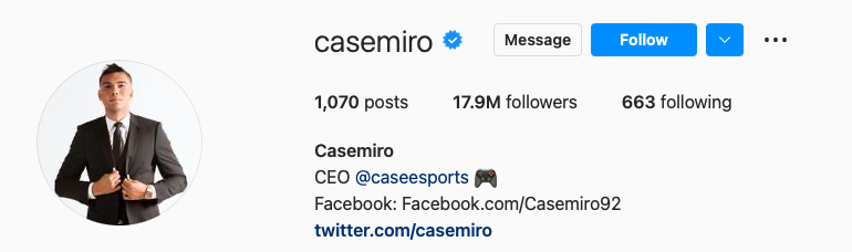 Perfil do jogador Casemiro no Instagram
