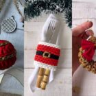 Montagem com 3 ideias de crochê para Natal: bola de enfeite, porta guardanapo e talheres e enfeite mini-guirlanda