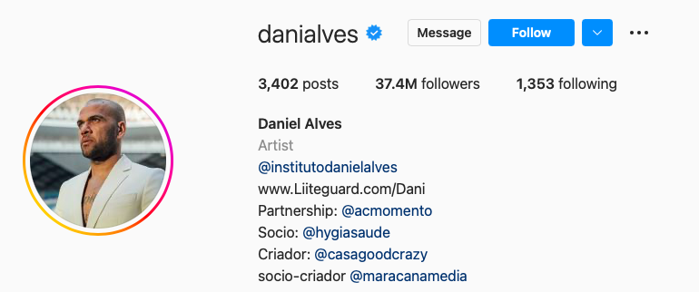 Perfil do jogador Daniel Alves no Instagram
