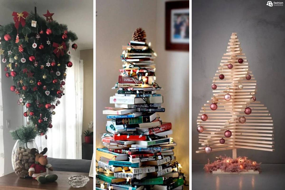 Montagem com três fotos de árvores natalinas criativas: invertida, de livros e de madeira.