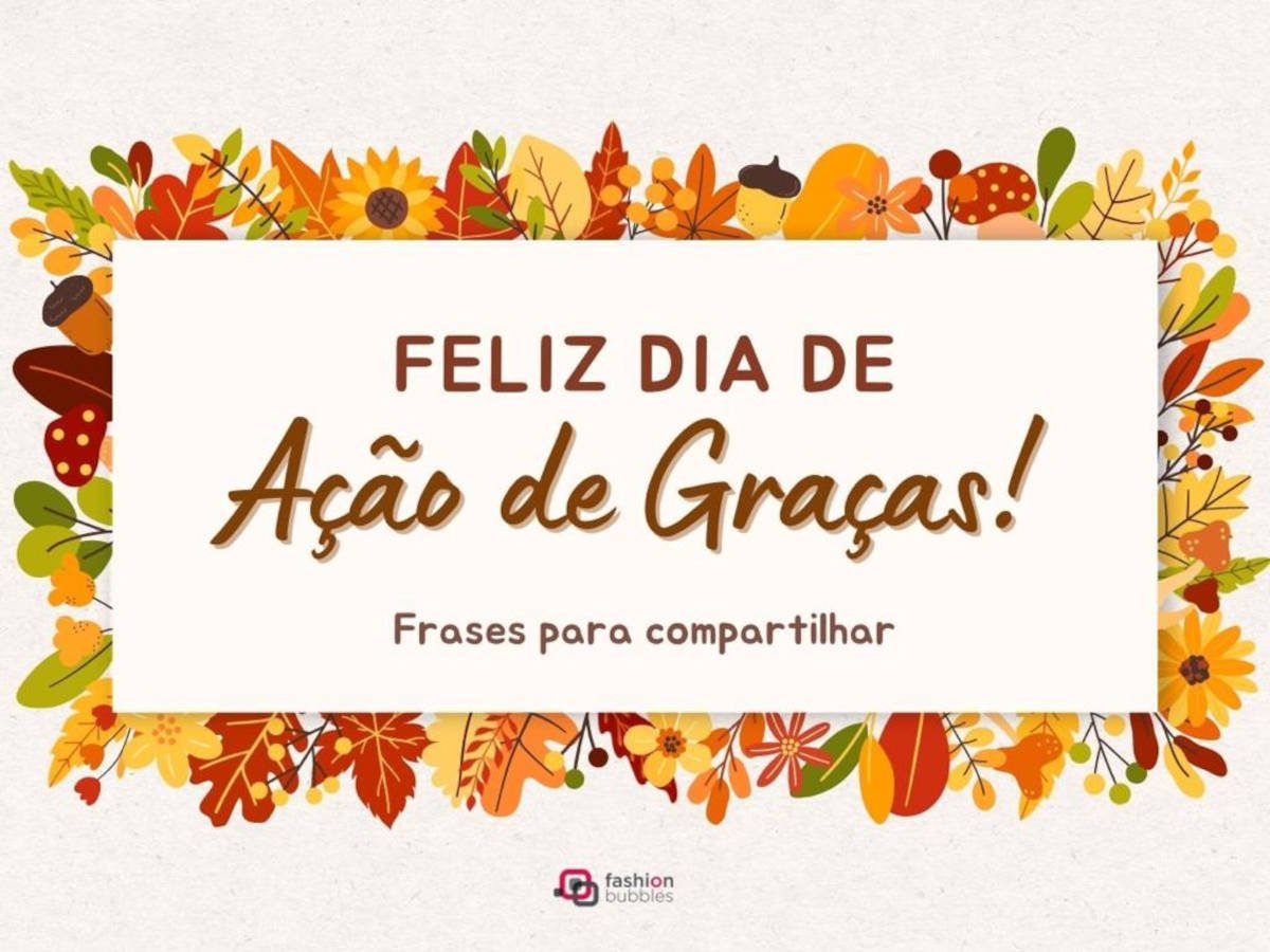 Frase "Feliz Dia de Ação de Graças" em destaque com folhas de outono em volta