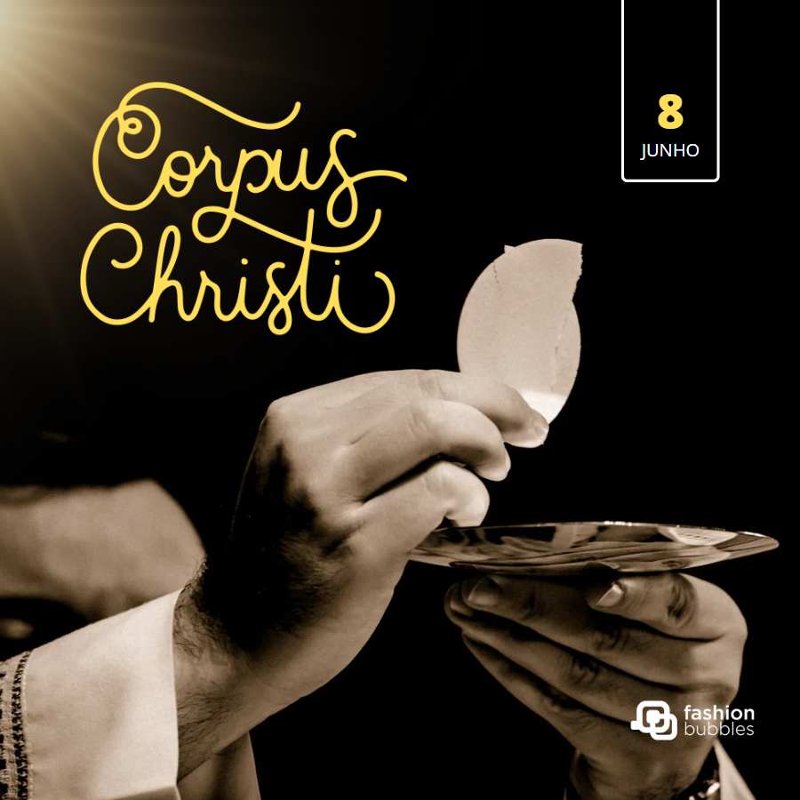 Imagem em fundo preto, com foto de padre segurando hóstia nas mãos. No lado superior esquerdo, escrito de amarelo "Corpus Christi". No lado direito, data 8 de junho.