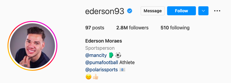 Perfil do jogador Ederson Moraes no Instagram