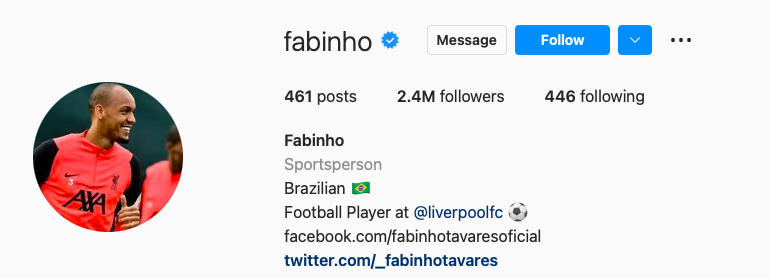 Perfil do jogador Fabinho no Instagram
