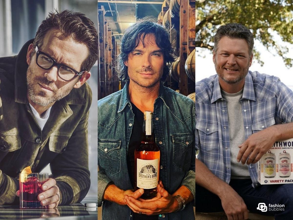 Foto de Ryan Reynold, Iah Somerhalder e Blake Shelton, famosos que ganham dinheiro vendendo bebida.