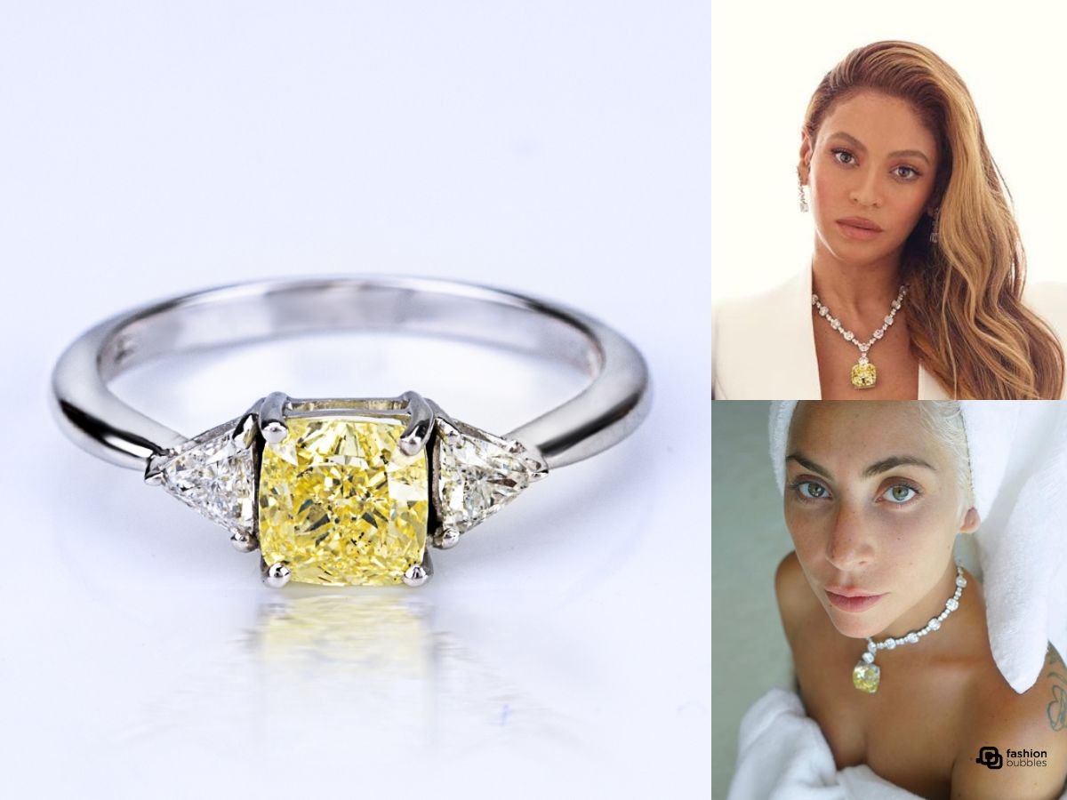 Foto de Diamante Fancy Yellow Vecchio e de Beyoncé e Lady Gaga usando joia com diamante Fancy Yellow.