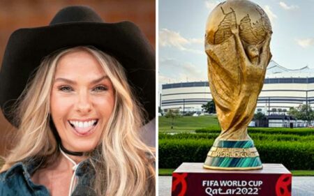Montagem de Adriane Galisteu em A Fazenda 2022 e da taça da Copa do Mundo