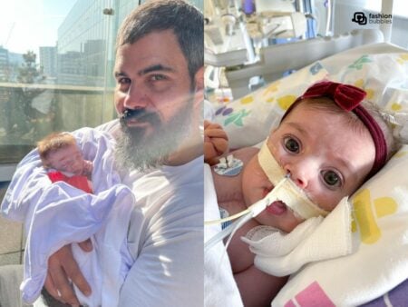 Foto do ator Juliano Cazarré com a filha Maria Guilhermina, de 5 meses, no colo e foto de Maria Guilhermina hospitalizada.