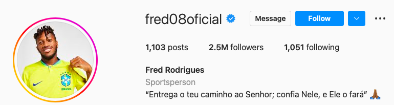 Perfil do jogador Fred no Instagram
