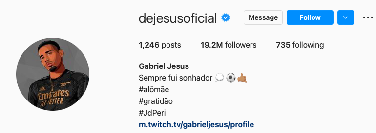 Perfil do jogador Gabriel Jesus no Instagram
