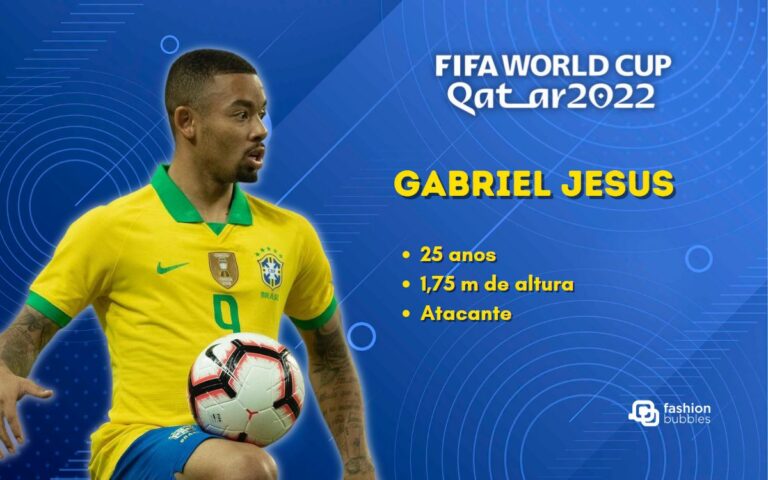 Foto de Gabriel Jesus, jogador da seleção, em fundo azul. Do lado direito, escrito de branco e amarelo, "Fifa Word Cup Qatar 2022, Gabriel Jesus, 25 anos, 1,75 m de altura, atacante".