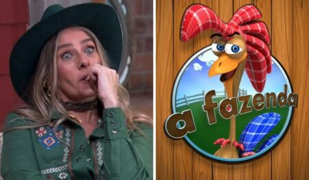 Montagem com fotos de Adriane Galisteu e o logo de A Fazenda