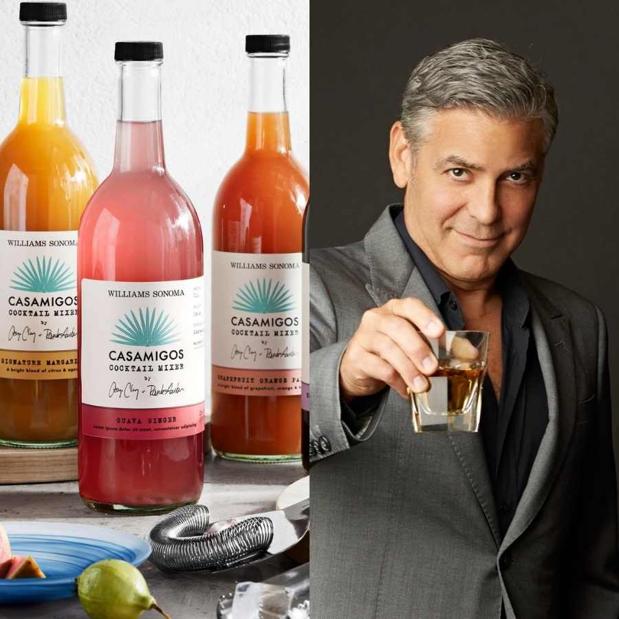 Imagem de bebidas Casamigos e do ator George Clooney segurando copo com bebida.