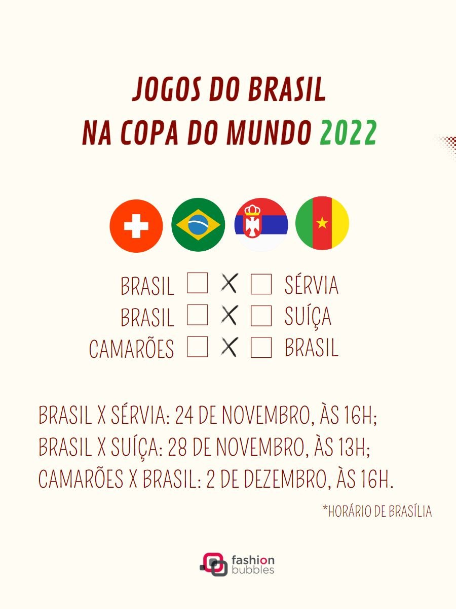 Imagem em fundo bege com informações sobre os jogos do Brasil na Copa do Mundo 2022: Brasil x Sérvia: 24 de novembro, às 16h;Brasil X Suíça: 28 de novembro, às 13h;Camarões X Brasil: 2 de dezembro, às 16h - horário de Brasília - jogos do Brasil na Copa 2022.