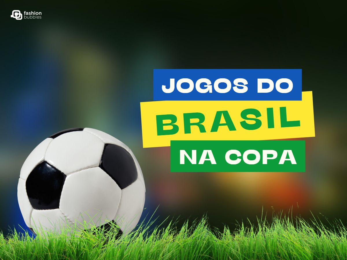 Foto de bola de futebol no campo. Escrito em fundo azul, amarelo e verde: "Jogos do Brasil na Copa".