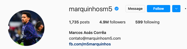 Perfil do jogador Marquinhos no Instagram
