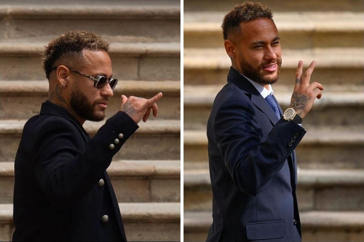 montagem de imagens de Neymar de terno, posando para os fotógrafos