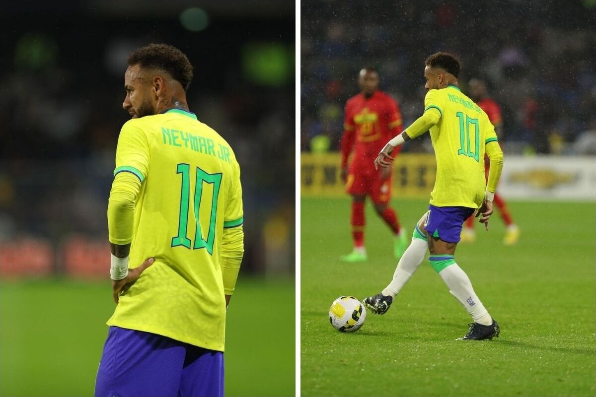 montagem de imagens do Neymar em campo, usando o uniforme da seleção brasileira