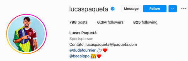 Perfil do jogador Paquetá no Instagram

