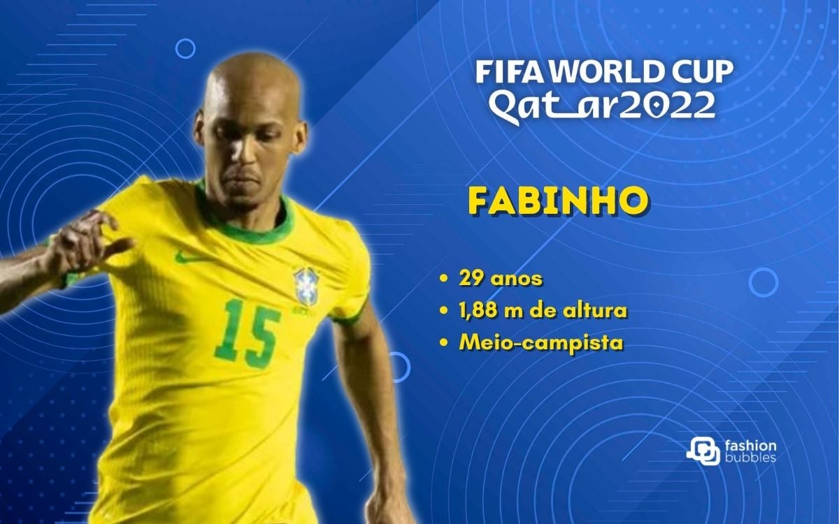 Foto de Fabinho, jogador da seleção, em fundo azul. Do lado direito, escrito de branco e amarelo, "Fifa Word Cup Qatar 2022, Fabinho, 29 anos, 1,88 m de altura, meio-campista".