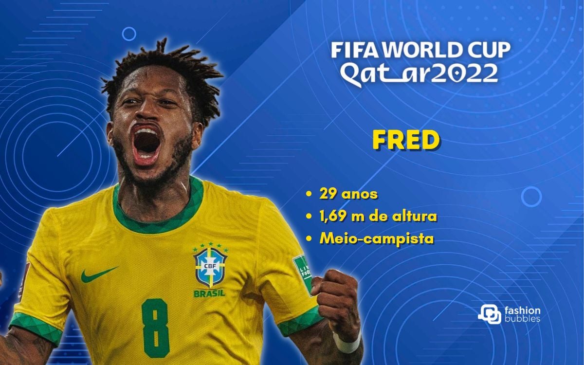 Foto de Freds, jogador da seleção, em fundo azul. Do lado direito, escrito de branco e amarelo, "Fifa Word Cup Qatar 2022, Fred, 29 anos, 1,69 m de altura, meio-campista".