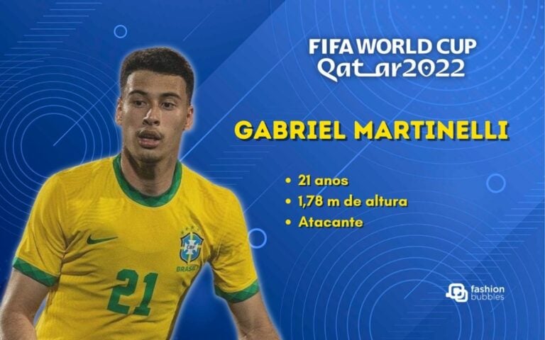 Montagem com fundo azul. No lado esquerdo, foto de Gabriel Martinelli. No lado direito, escrito de branco e amarelo: "Fifa Word Cup Qatar 2022. Gabriel Martinelli, 21 anos, 1,78 de altura, atacante".