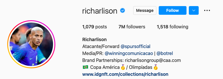 Perfil do jogador Richarlison no Instagram
