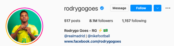 Perfil do jogador Rodrygo no Instagram
