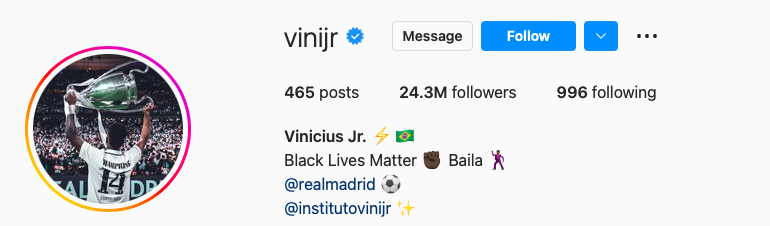 Perfil do jogador Vinicius Jr no Instagram
