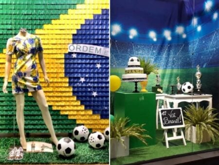 Vitrine da Copa: fotos e ideias com tema Brasil para lojas de roupa e de departamento