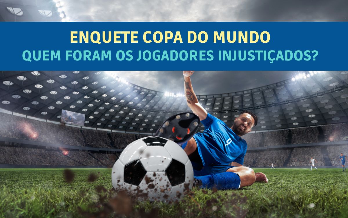 Montagem com jogador de futebol chutando uma bola para ilustrar a enquete Copa do Mundo