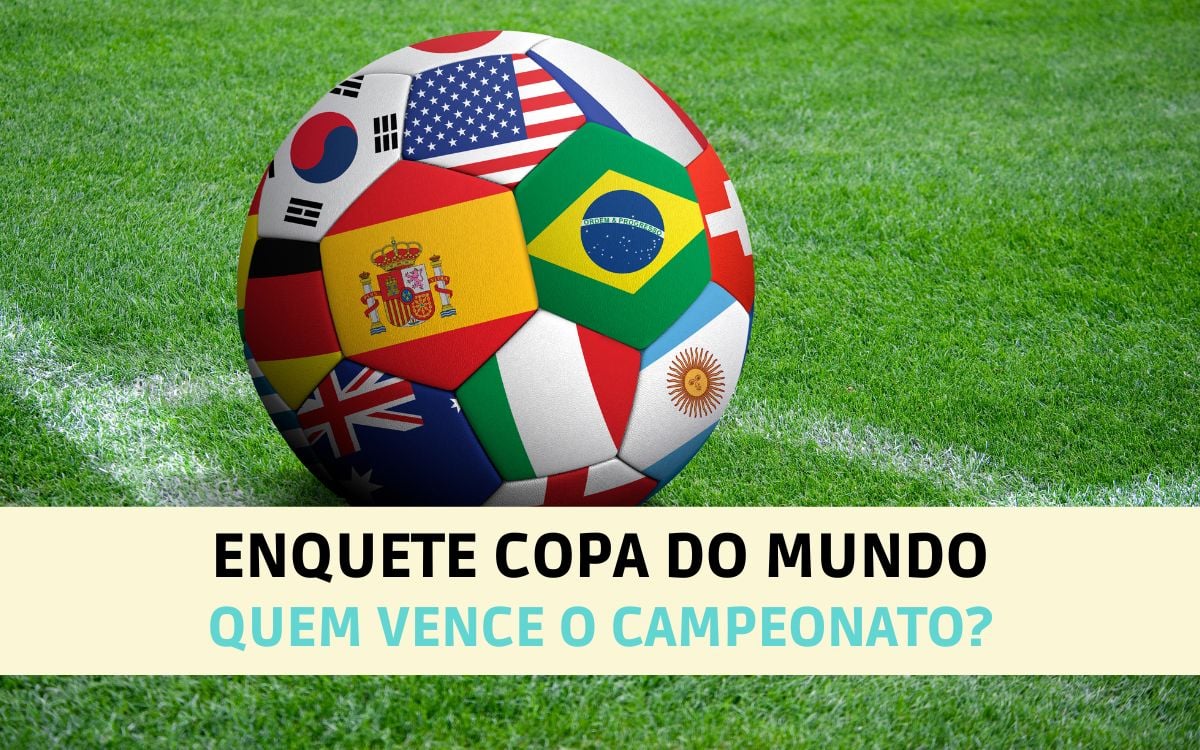 Foto de uma bola de futebol com as bandeiras das seleções para ilustrar a enquete Copa do Mundo