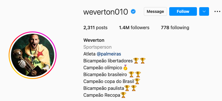 Perfil do jogador Weverton no Instagram