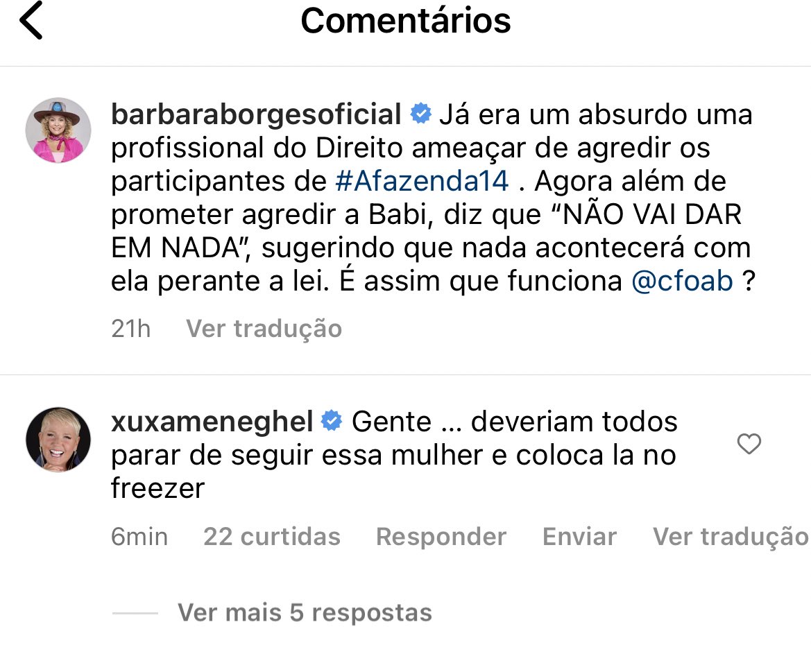 Xuxa defendendo Bárbara Borges em comentário no Instagram