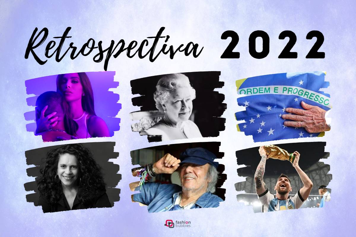 montagem de retrospectiva 2022 com foto de Anitta, Rainha Elizabeth, Lula, Gal Costa, Erasmo Carlos e Messi