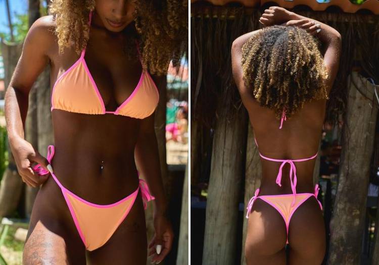 montagem com duas fotos de biquíni cortininha rosa e laranja neon da Coccus Bikinis, tendência de biquínis para o Verão 2023