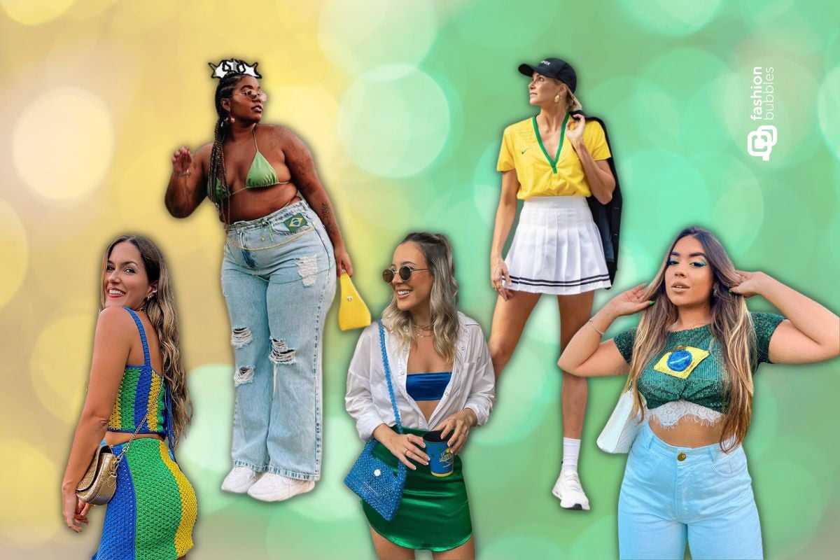 fundo verde e amarelo com 5 mulheres usando looks para a Copa do Mundo