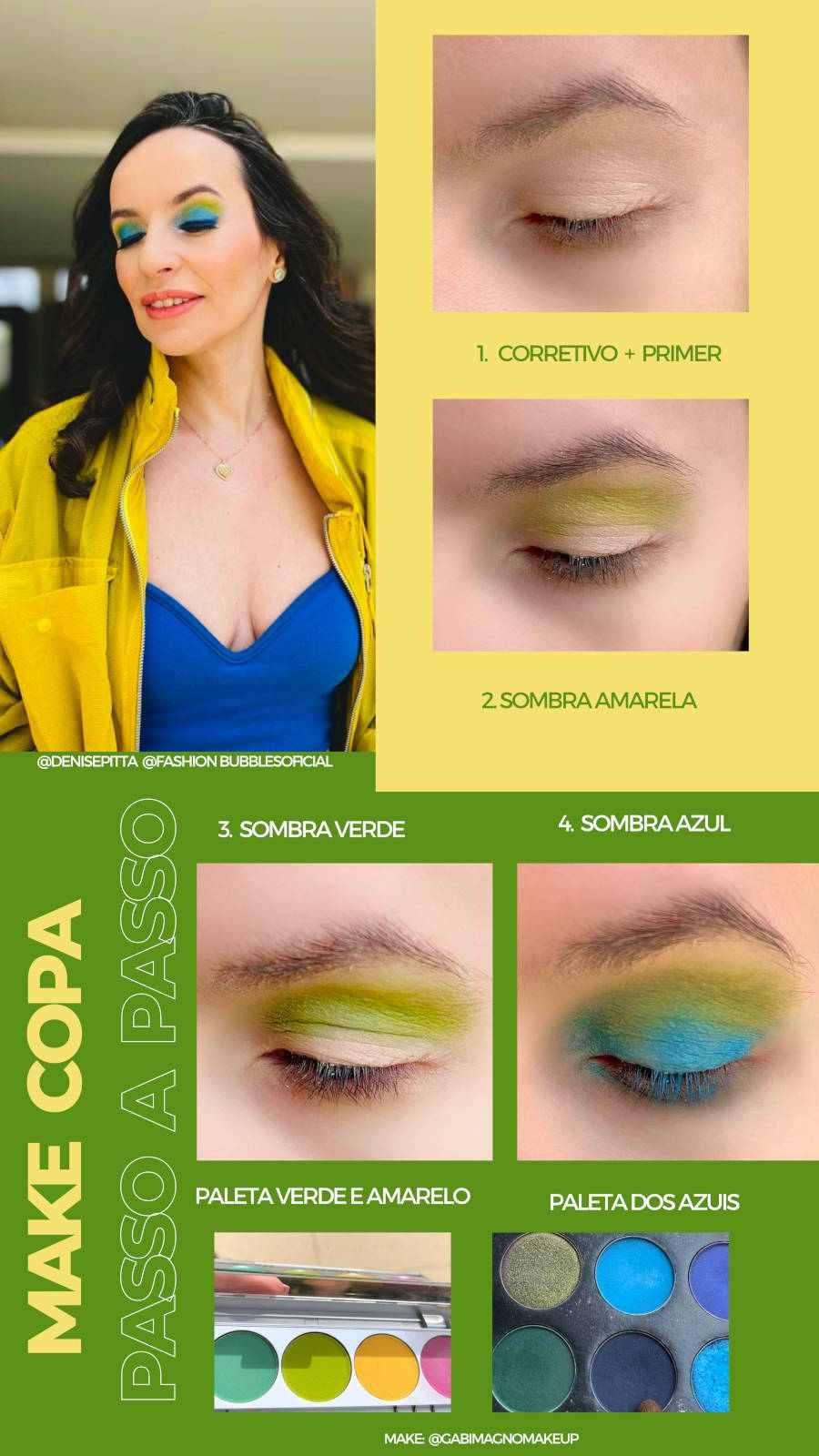 Ilustração com as cores verdes e amarelas com fotos de Denise Pitta e sendo maquiada e fotos de maquiagens como paletas em verde e amarelo e azul