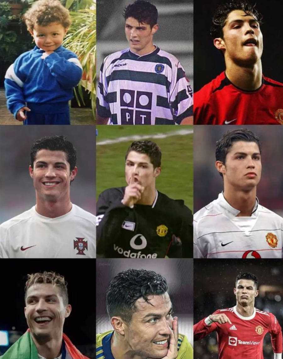 Montagem com 9 imagens de Cristiano Ronaldo desde criança, até adolescente e os dias de hoje