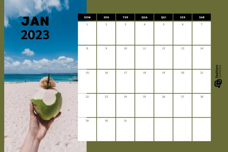 calendário de janeiro de 2023 para imprimir com foto de água de coco na praia