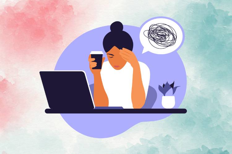 ilustração de mulher esgotada em frente a um computador